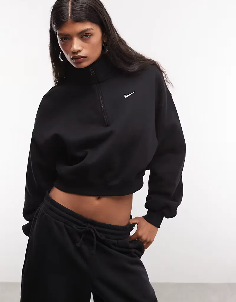 Укороченная толстовка Nike Studio Fleece с застежкой-молнией до середины груди, черный