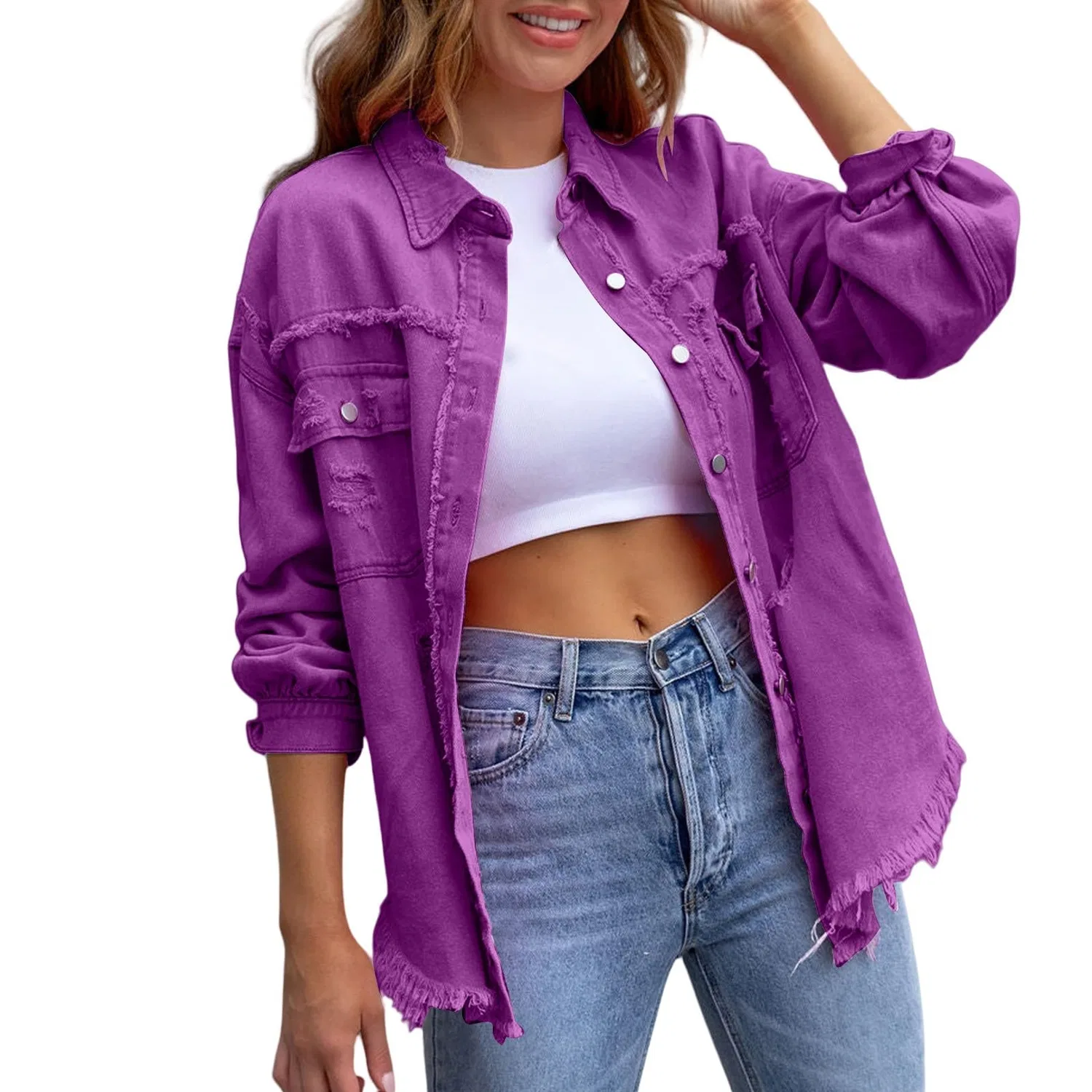 Женская джинсовая куртка с принтом, модель Giacche di jeans da donna alla moda colletto con risvolto button down cappotti in denim invecchiato strappato cowboy abito western manica lunga camicia chambray giacche leggere orlo sfrangiato Jean, Vio...