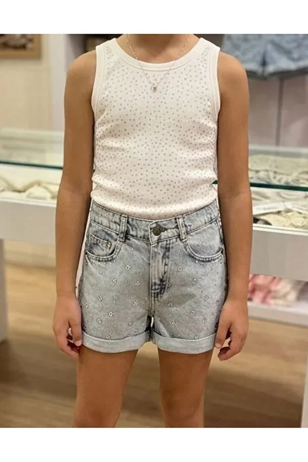 Детские джинсовые шорты для девочек с принтом Kiz stone-embellished denim shorts 26ydmb0444 Dmb Boys & Girls, Blue — фото 2
