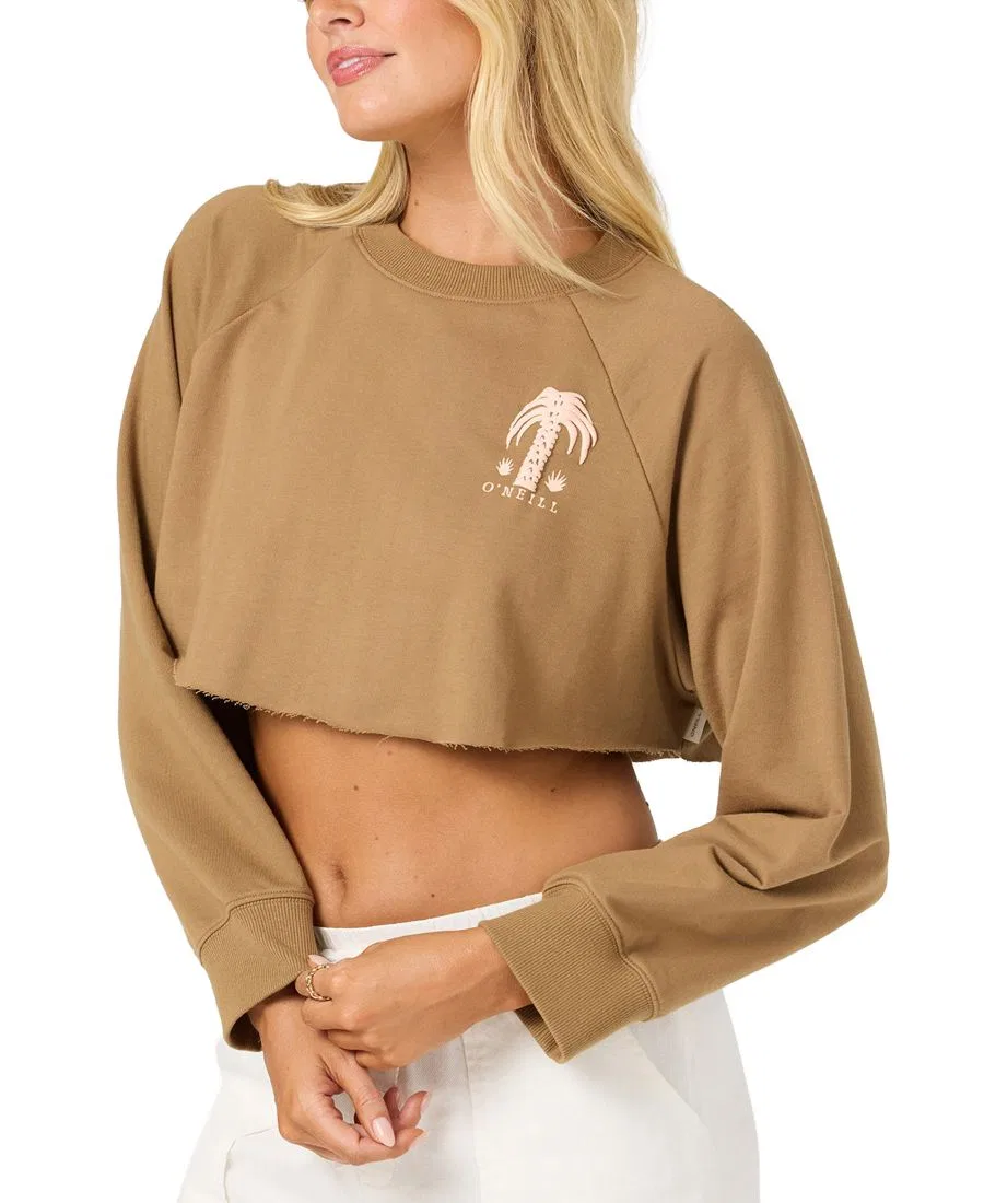 Свитшот женский с принтом Palm Raw Edge Crop Fleece Crewneck O'Neill, Dark Khaki — фото 3