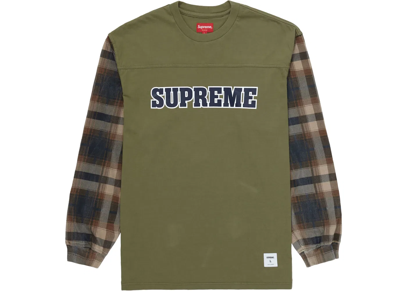 Мужская футболка с длинным рукавом с клетчатым рукавом Supreme Tee, Light Olive