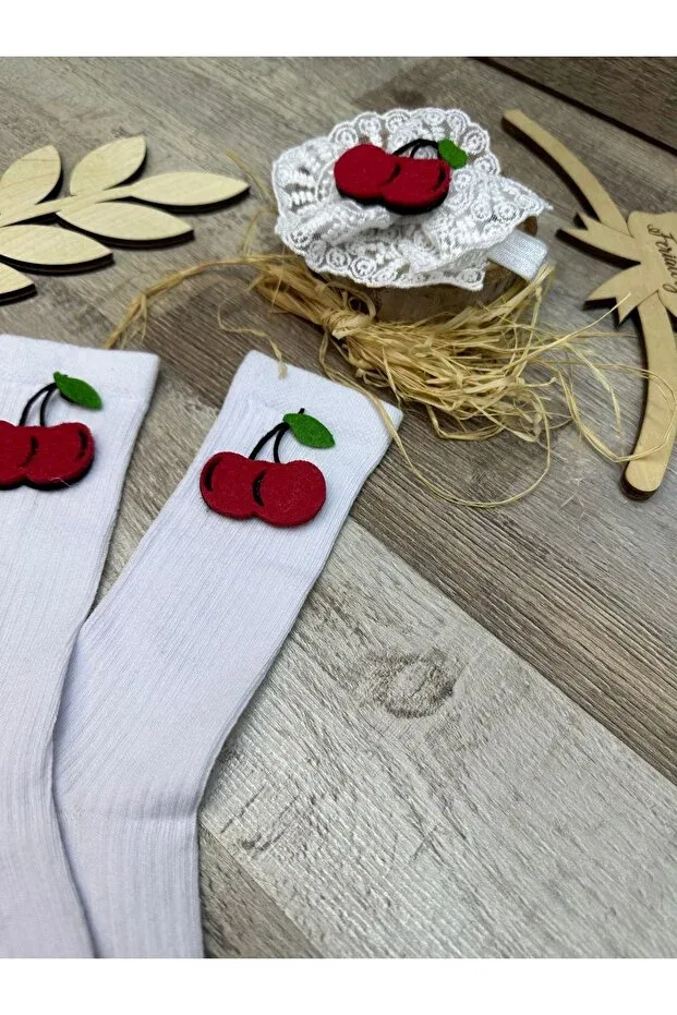 Детские носки для девочек с принтом Cherry Figured White Lace Headband And White Cherry Concept Baby Girl Knee Socks Feriatolye, White — фото 3