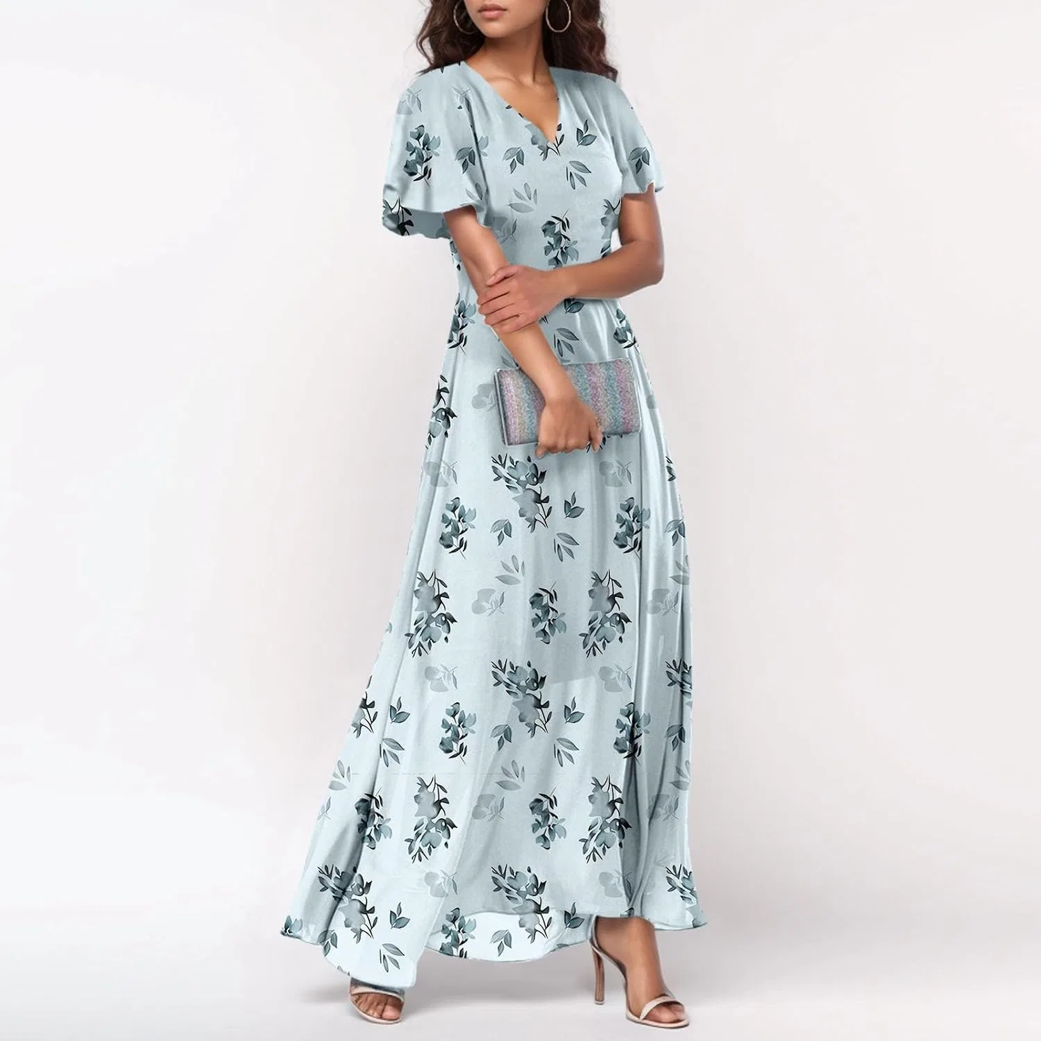 Женское платье макси из шифона с V-образным вырезом, Mint Green — фото 3