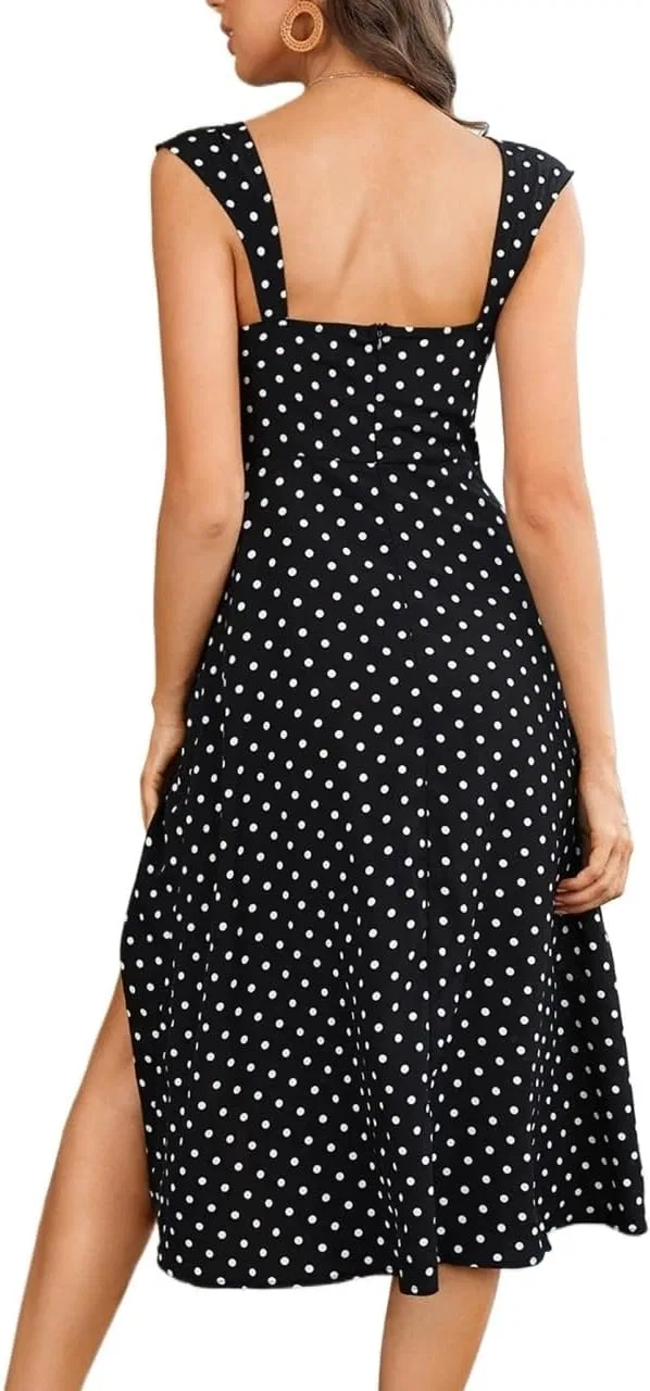 Женское элегантное платье-миди с воланами и разрезом Polka Dot, Black — фото 2