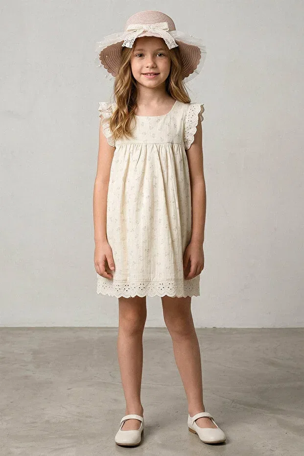Детское платье для девочек с принтом Floral Patterned Straw Hat And Linen Dress Kinderos, Powder