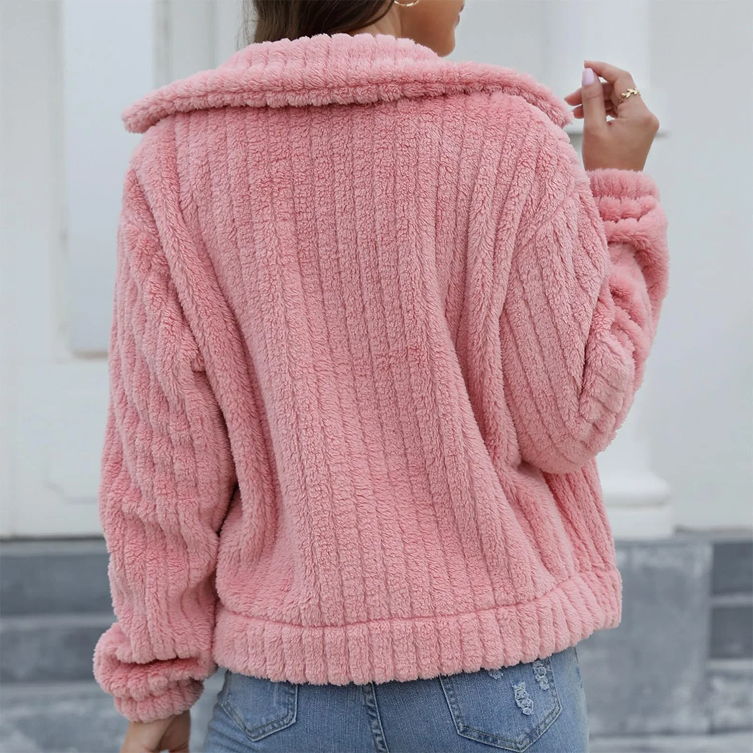Женская куртка с капюшоном из плюша с молнией, rosa — фото 2
