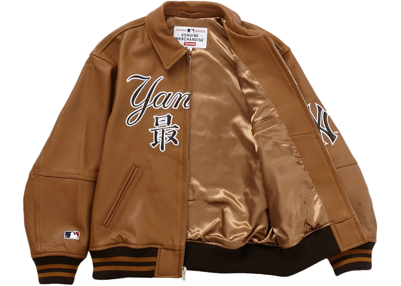 Мужская кожаная куртка-бомбер с кандзи Supreme New York Yankees, Brown — фото 2