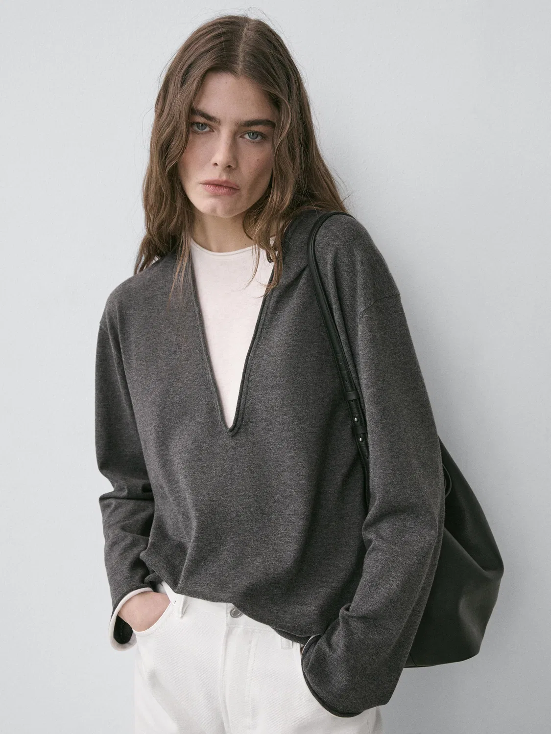 Свитер Massimo Dutti Cotton Blend Knit With Contrast Fabric, угольно-серый
