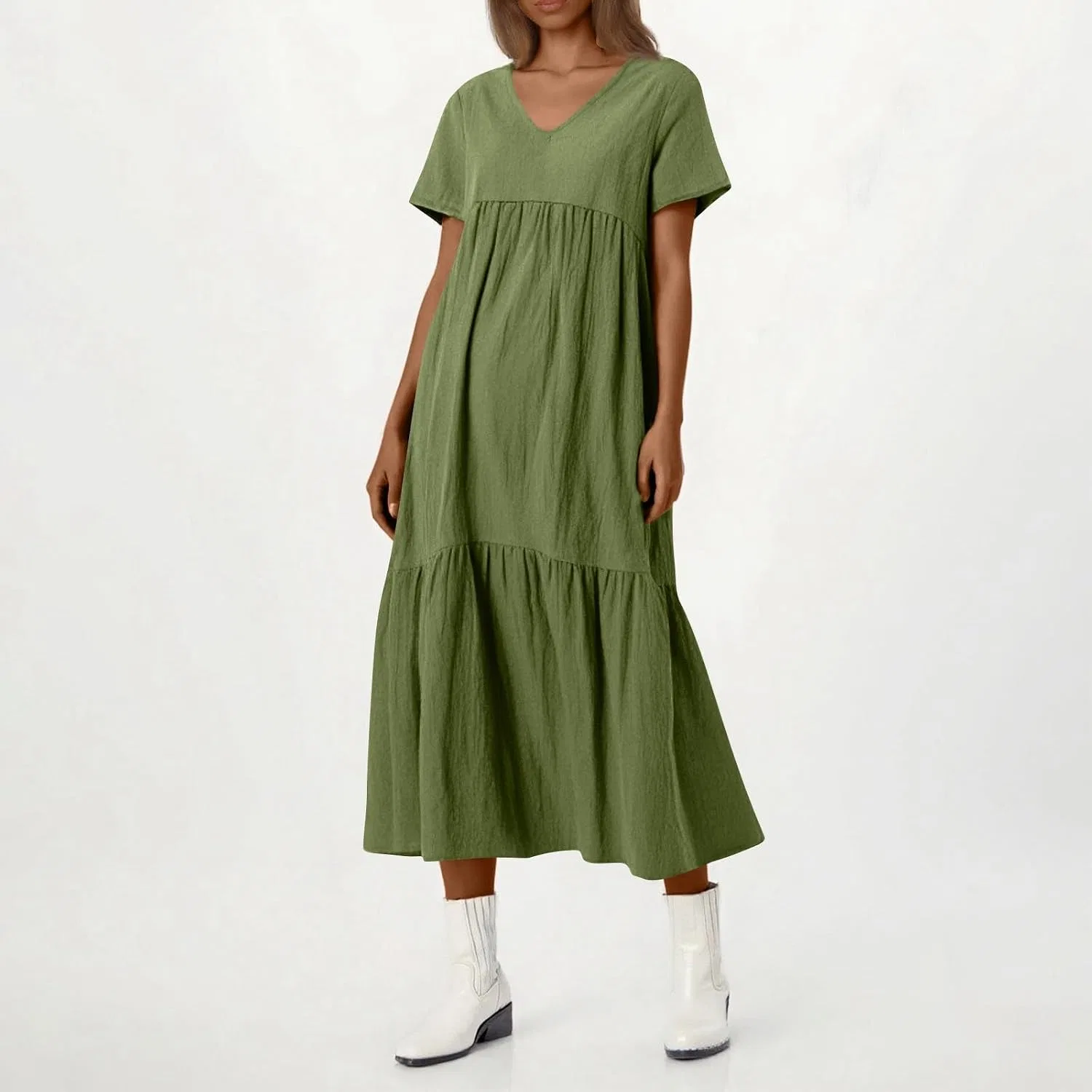 Женское платье макси свободного кроя с V-образным вырезом, Dark Green — фото 3