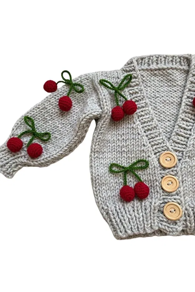 Детское вязаное пальто-кардиган для девочек с принтом Hand knitted cherry patterned baby girl cardigan El Örgüsü, Gray — фото 2
