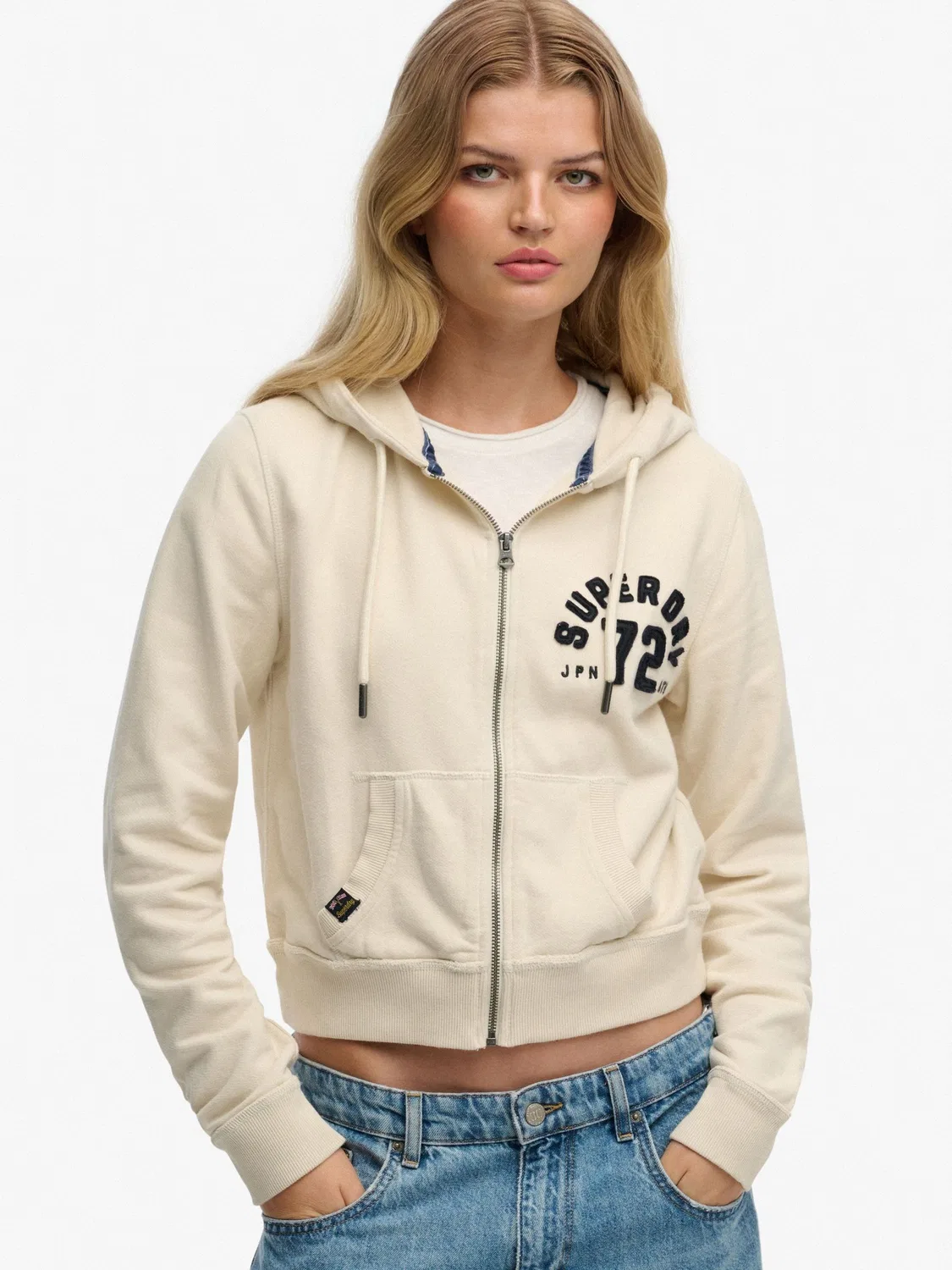 Худи-кроп с zip-застежкой, свободная посадка Superdry, кремовый