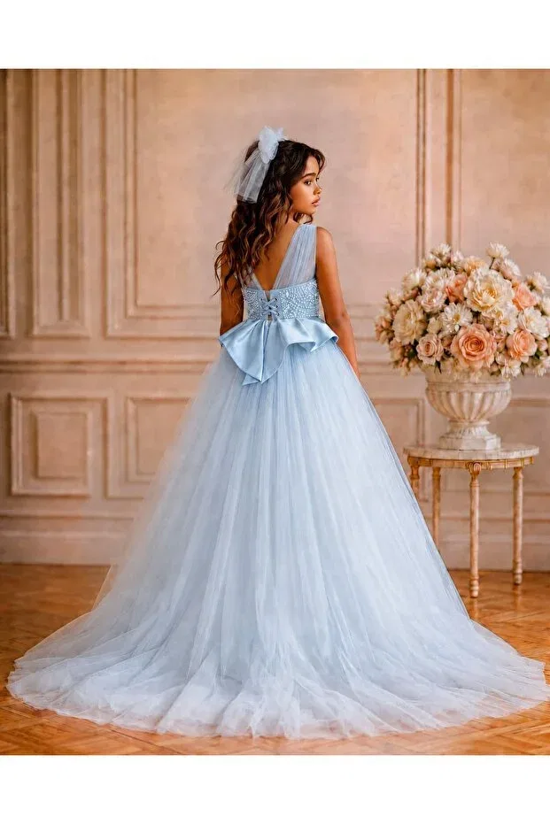 Детское платье для девочек с принтом Girl'S Pearls Tulle Evening Dress By Feyza Kids Collection, Blue — фото 4