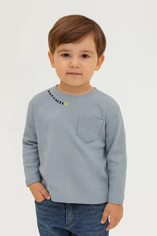 Детская футболка с рельефной печатью для мальчиков Unisex children's happiness embroidered pocket ribbed camisole t-shirt Luess, Light Blue