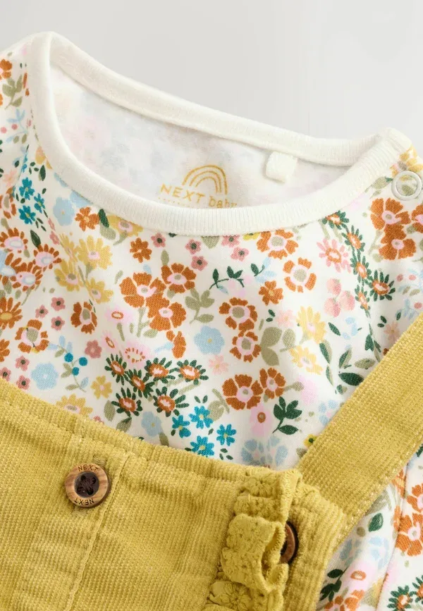 Комплект из ползунков и боди с длинным рукавом, флоральный, Regular fit - baby cord dungarees and long sleeve bodysuits 2 piece set - body, Next, sage green rabbit, зеленый — фото 2