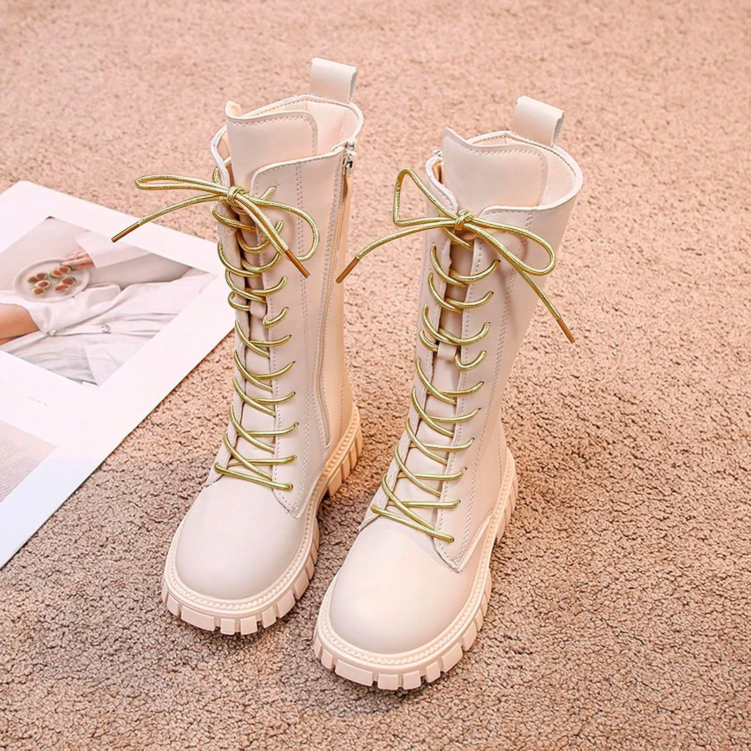 Детские сапоги для девочек с принтом, на шнуровке, модель Cute Lace Up Riding Boots, White — фото 2