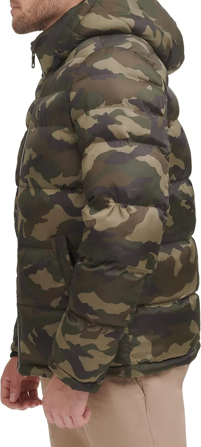 Мужская куртка-пуховик с капюшоном, с принтом, Tommy Hilfiger, оливковый/камуфляжный — фото 3