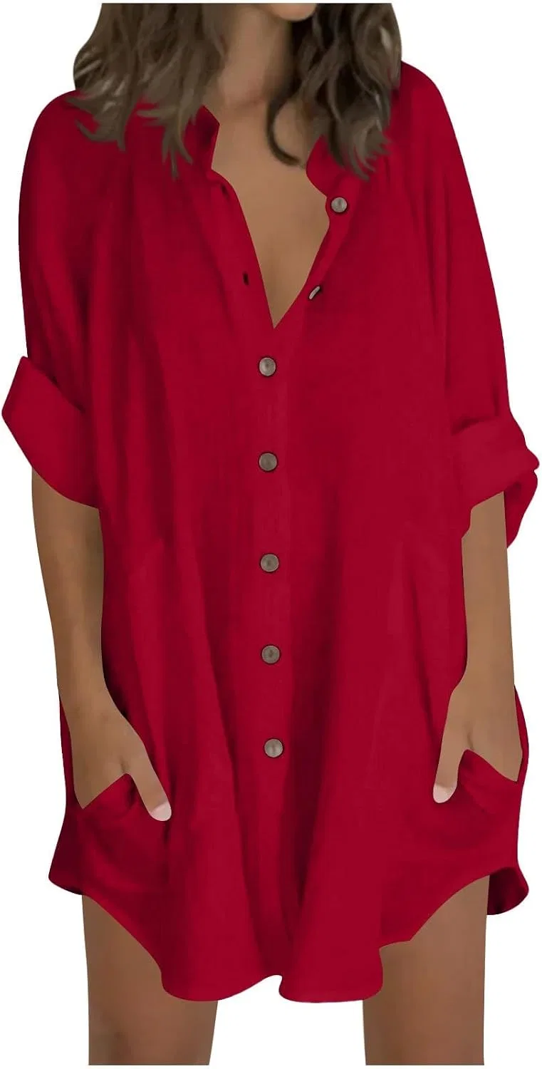 Женская льняная туника с пуговицами Pelang, Red