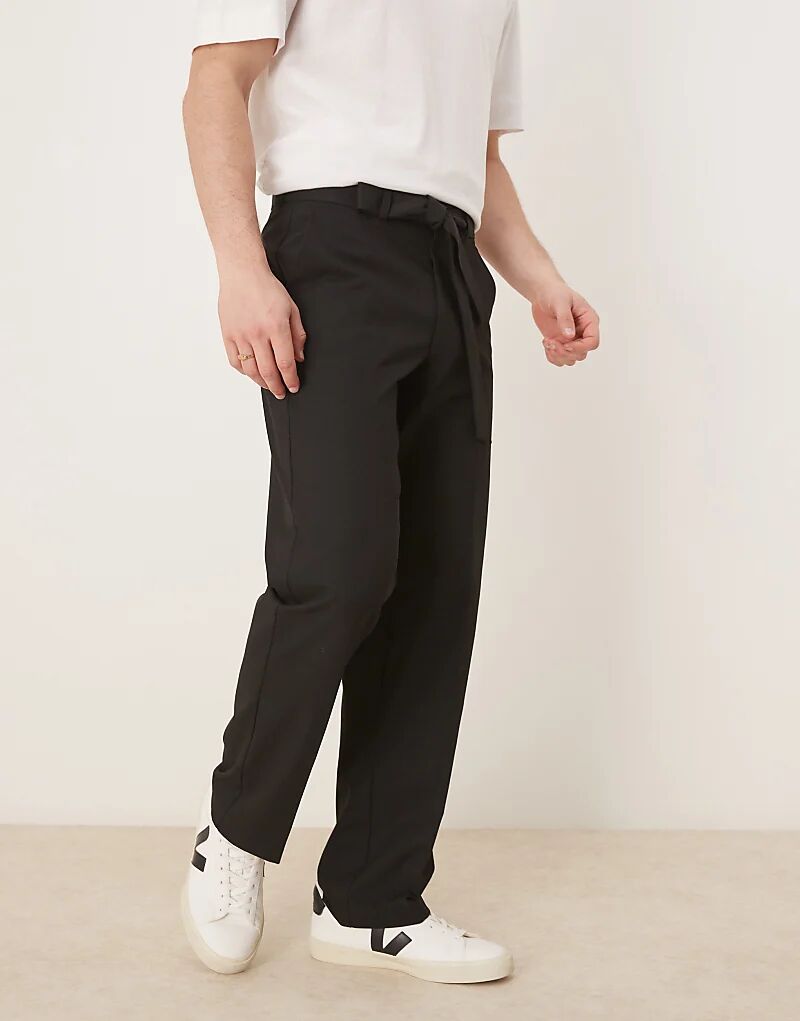 

Прямые брюки ASOS DESIGN с поясом из той же ткани, черного цвета