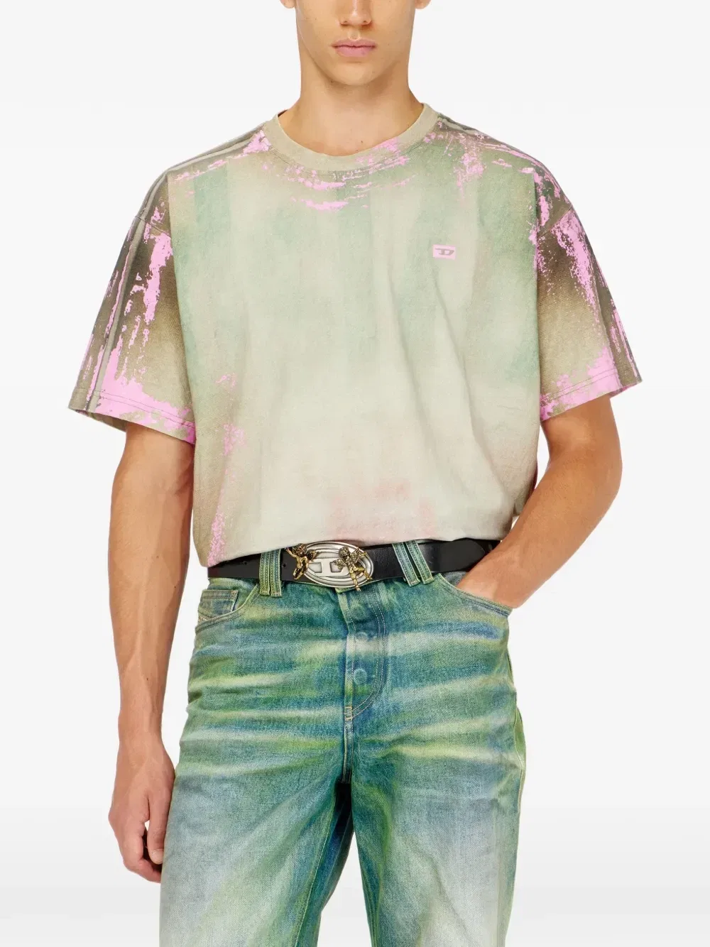 Футболка из джерси с эффектом мятой кожи DIESEL, бежевый — фото 3