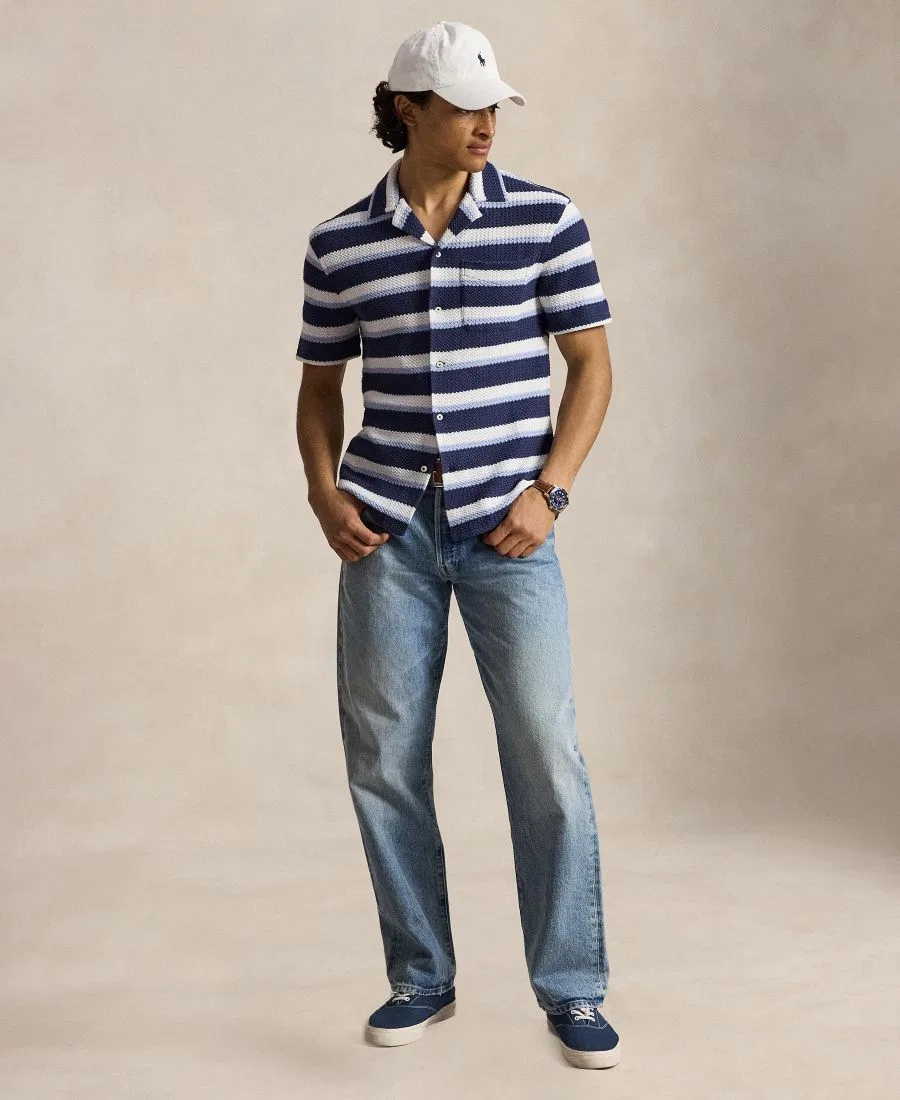 Мужская рубашка-кэмп с принтом из хлопка, модель Striped Herringbone Polo Ralph Lauren, Newport Navy Multi — фото 2