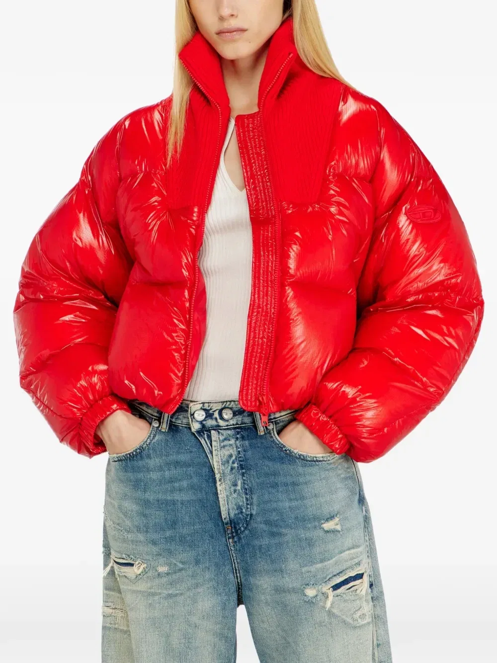 Пуховый пуховик из рипстопа с трикотажным воротником Diesel, красный — фото 3