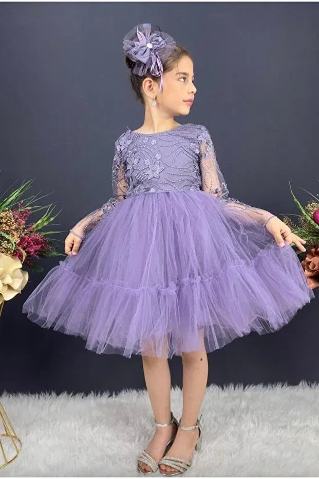 Детское платье для девочек с кружевом Lace Tulle Buckled Puffy Evening Dress Lunas Tekstil, Lila — фото 4