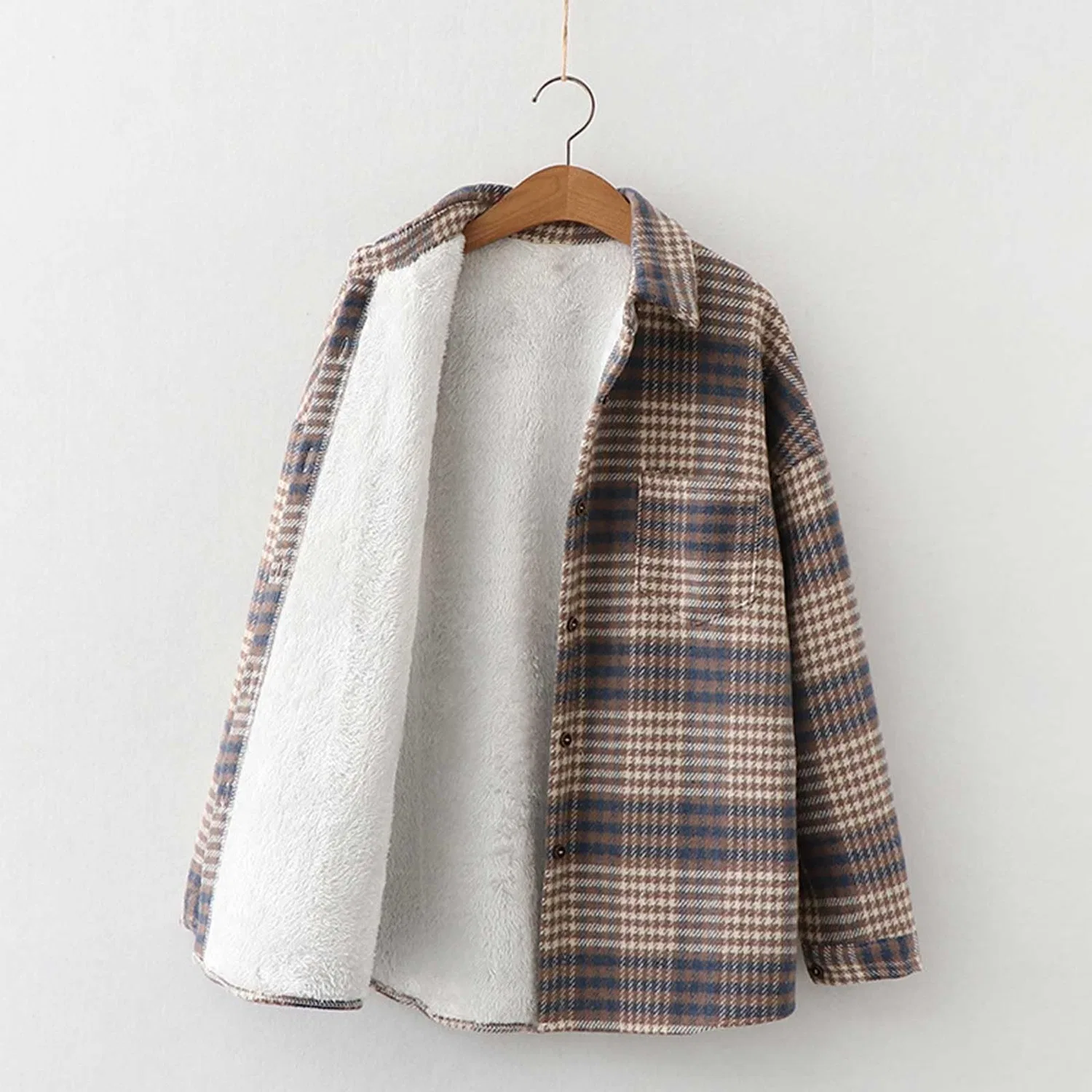 Женское пальто с принтом Autunno/Inverno Caldo Plaid Camicia con Sciolto Monopetto Cappotto Donna Giacche di Formato Alto, Blu — фото 4