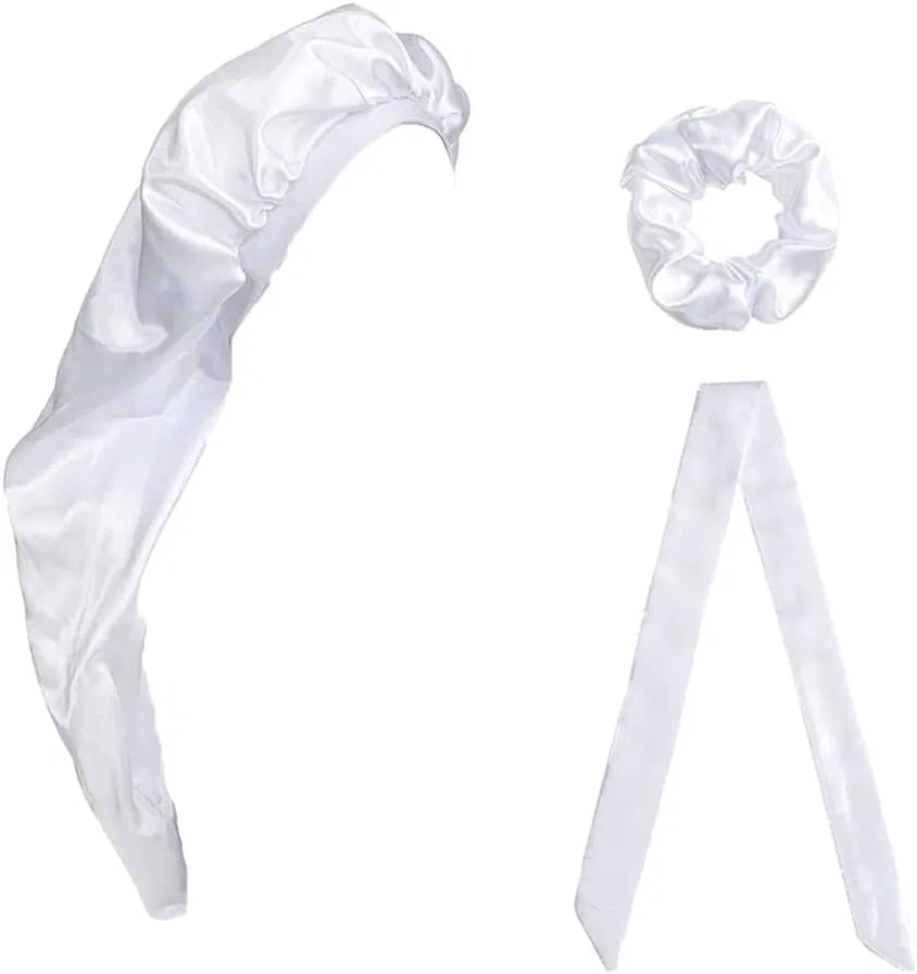 Шапочка для сна Satin Hair Cap, JDYaoYing, 3 предмета (шапочка + повязка + резинка), 69x29x1 см, White/Opulent Garden