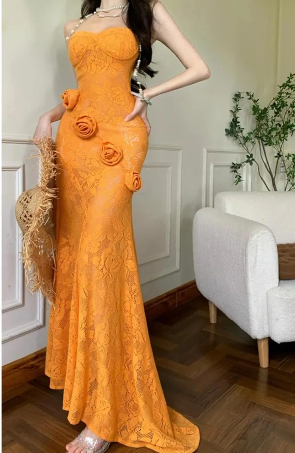 Женское платье миди с принтом A-силуэта, Orange — фото 2