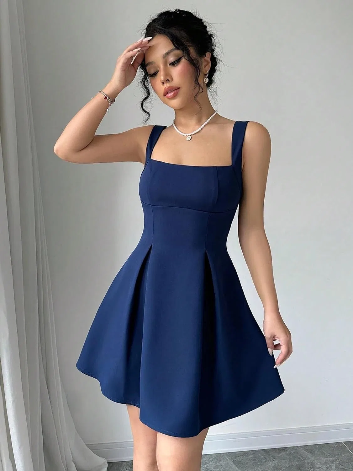 Женское повседневное платье A-силуэта с квадратным вырезом, Navy Blue — фото 4