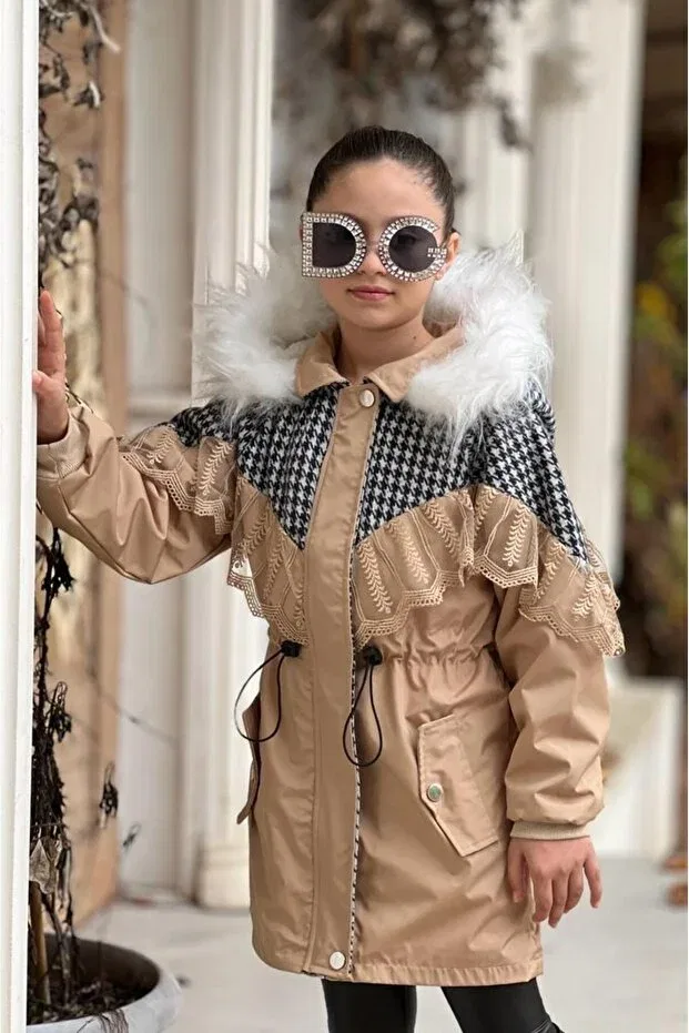 Детское пальто для девочек с капюшоном Eybabykids, Nude Color