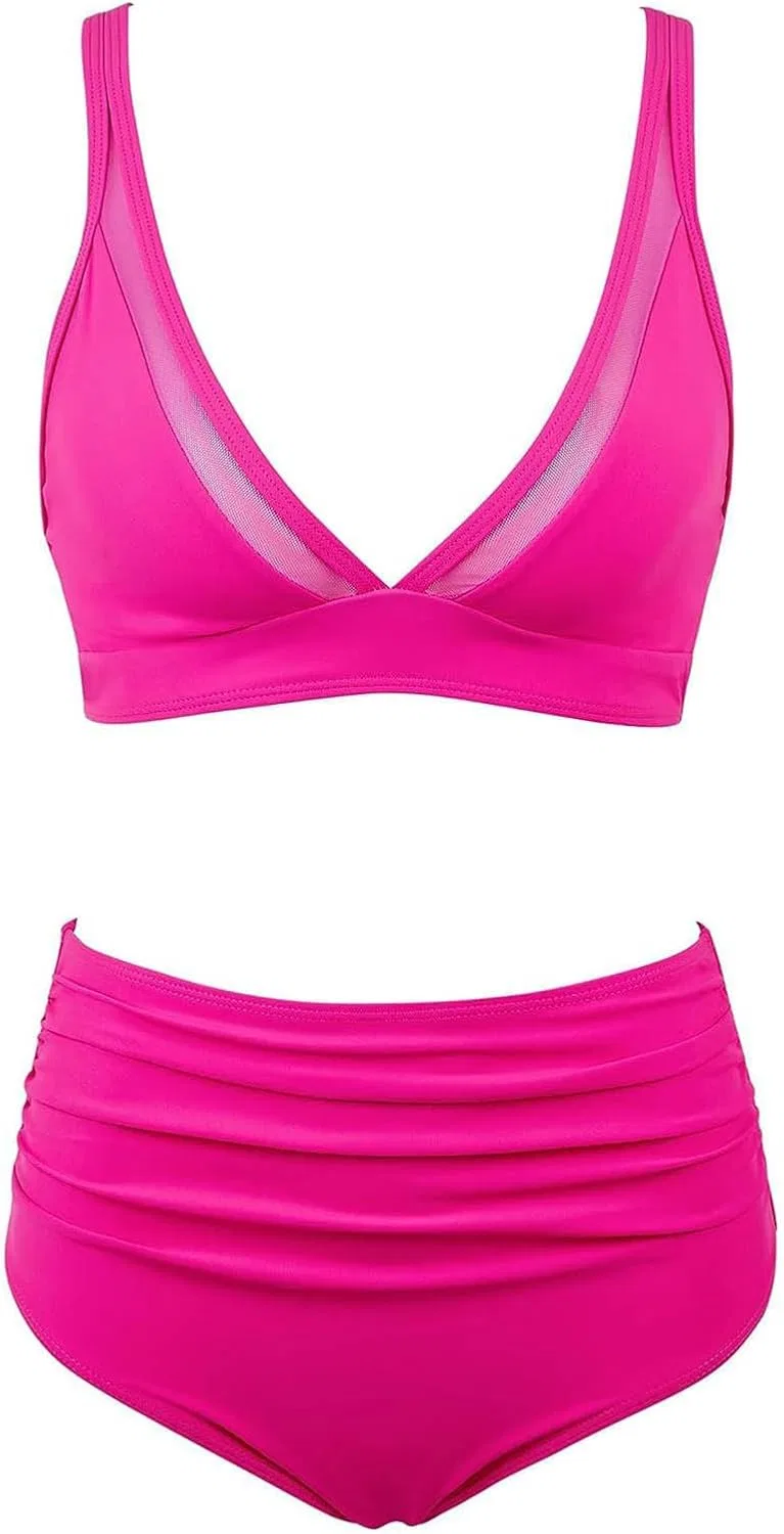 Женский бикини-сет с высокой талией и сетчатой вставкой, Hot Pink — фото 4