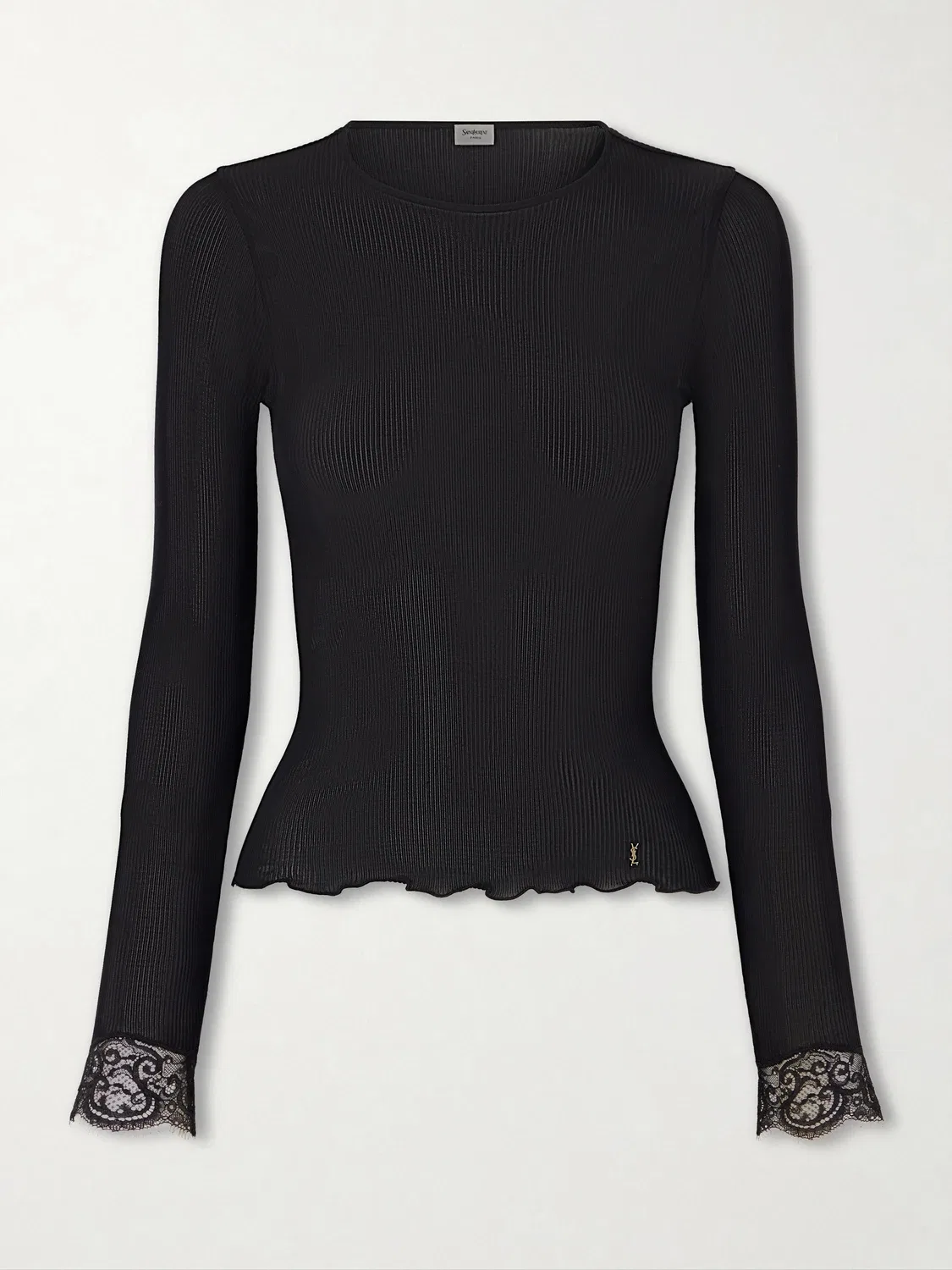 Шелковая футболка в рубчик с кружевной отделкой SAINT LAURENT, черный