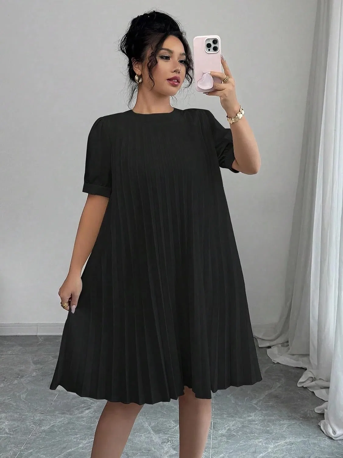 Женское повседневное платье A-силуэта с пышными рукавами, Black — фото 4