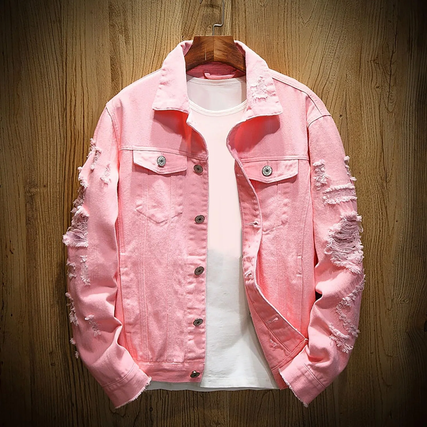 Мужская джинсовая куртка с потертостями и длинным рукавом, Men's Pink Denim Jacket — фото 2