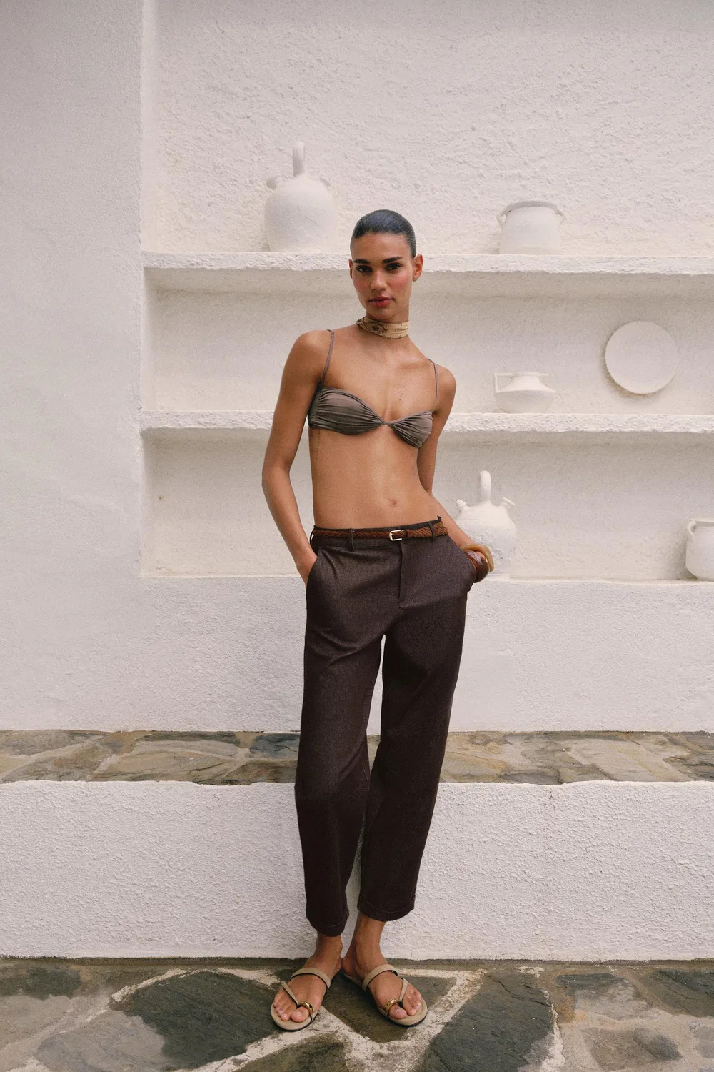 Брюки чинос с плетеным поясом ZARA, Brown