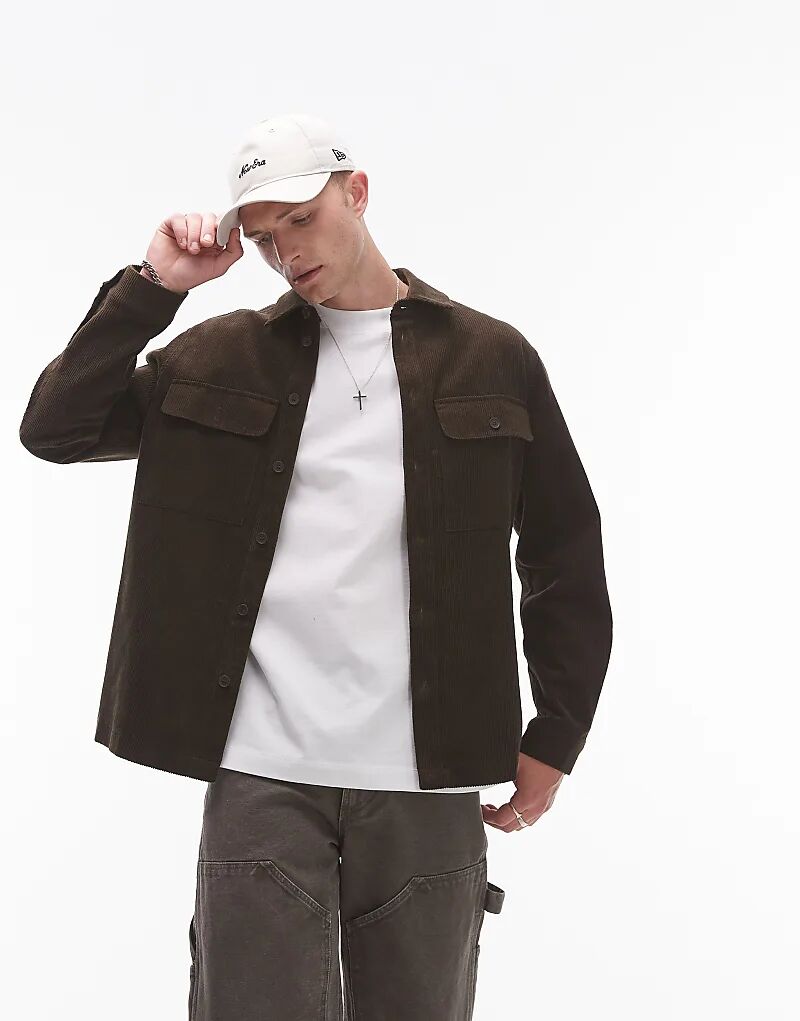 

Вельветовая рубашка с длинными рукавами шоколадного цвета Topman