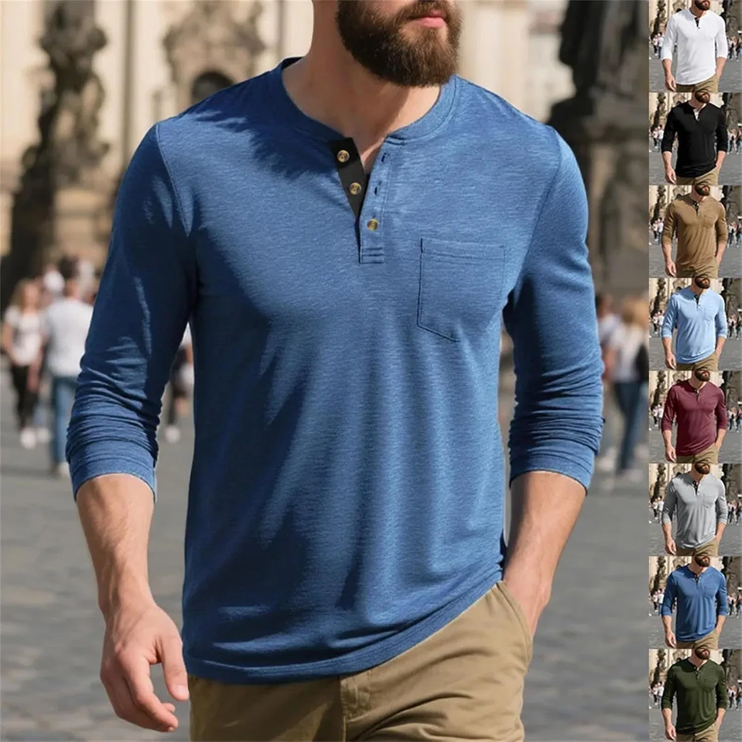 Мужская длинная футболка с круглым вырезом, дышащая, Business Casual, Denim Blue — фото 2