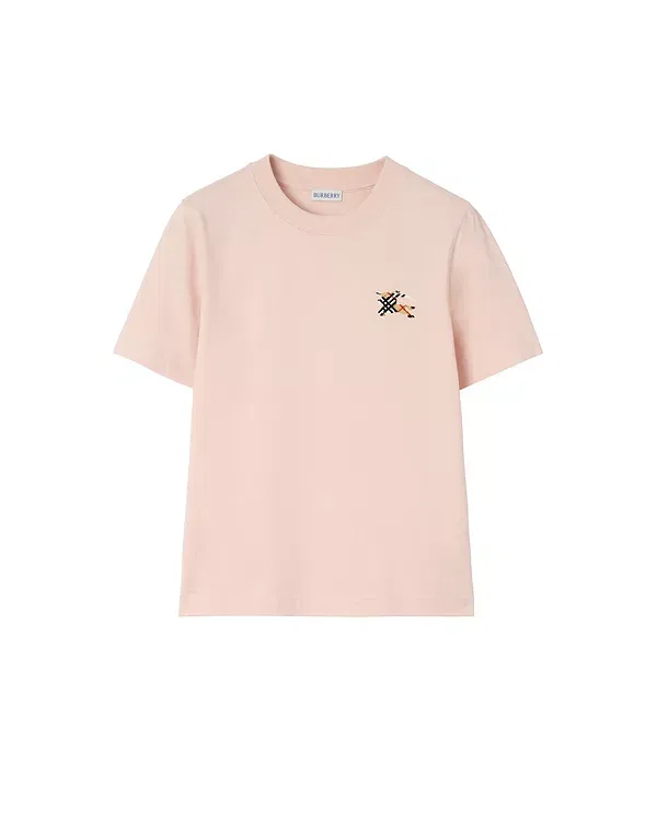 Женская футболка с вышивкой Knight Check Cotton T-Shirt Burberry, Compact Pink — фото 2
