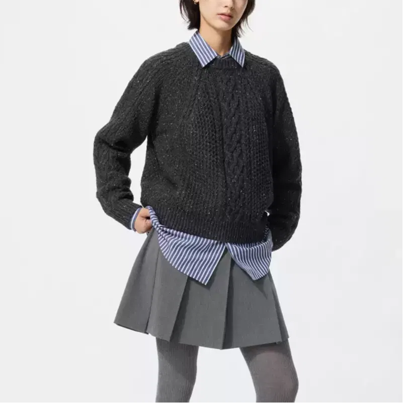 Женский свитер с круглым вырезом Dark Gray UNIQLO, Темно-серый — фото 4