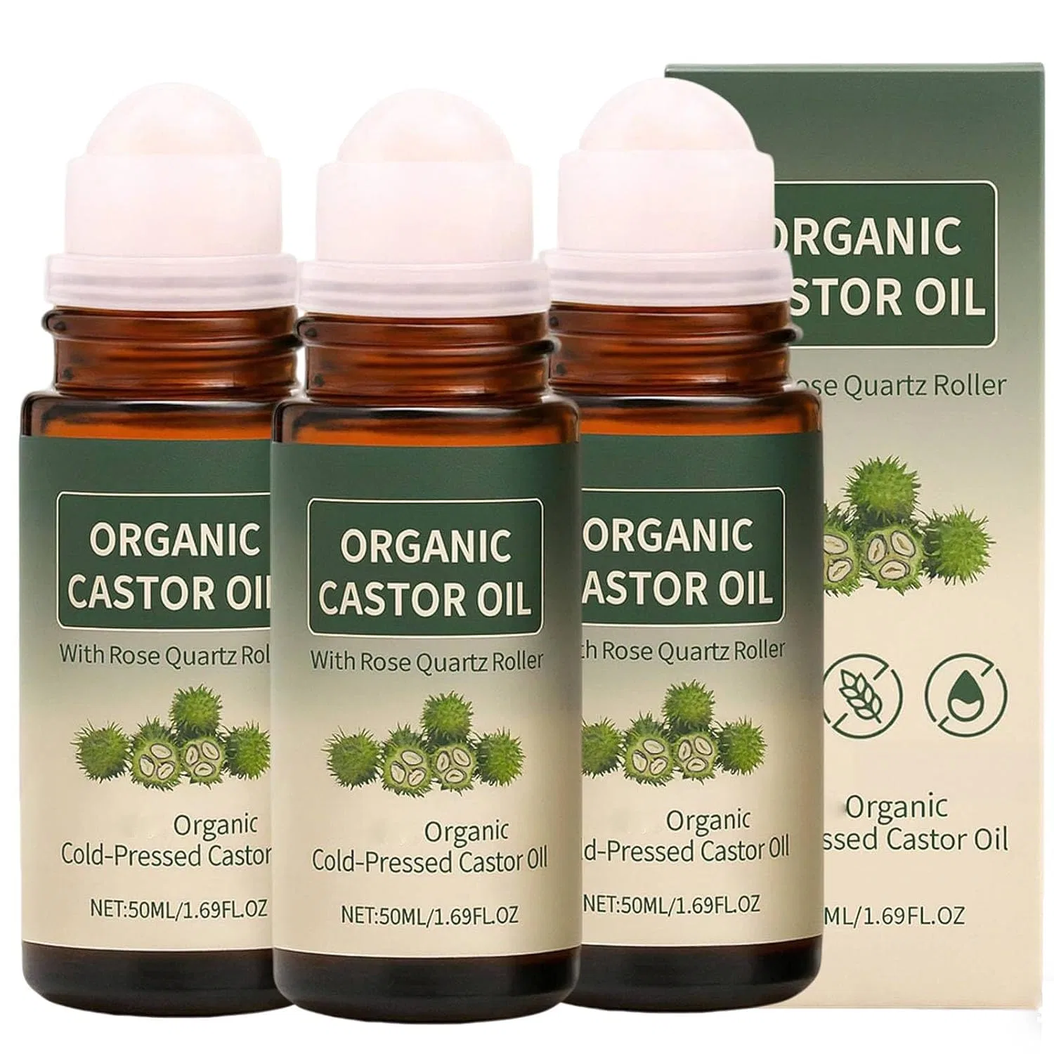 Масло для лица и тела Organic Castor Oil with Rose Quartz Roller, Jioesskp, 50 мл, 3PC