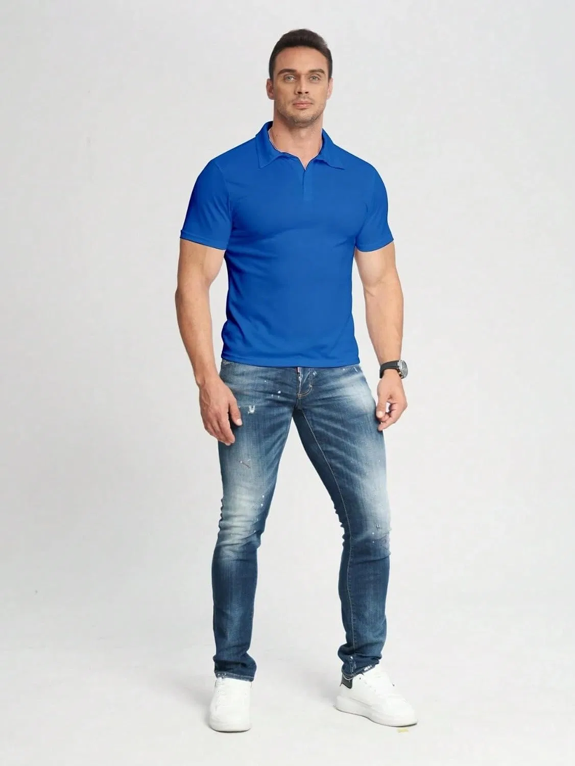 Мужская микро сетчатая футболка с 3-пуговичным воротником, Royal Blue — фото 2