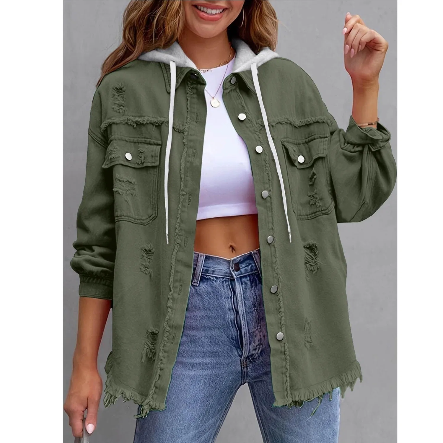 Женская джинсовая куртка с капюшоном с принтом, Military green — фото 2