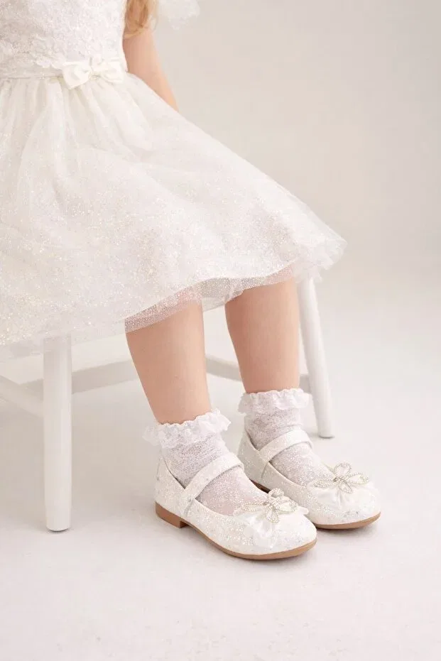Детские балетки для девочек с принтом Sparkly Sand Glitter Textured Butterfly Figure Detailed Minibonito, White