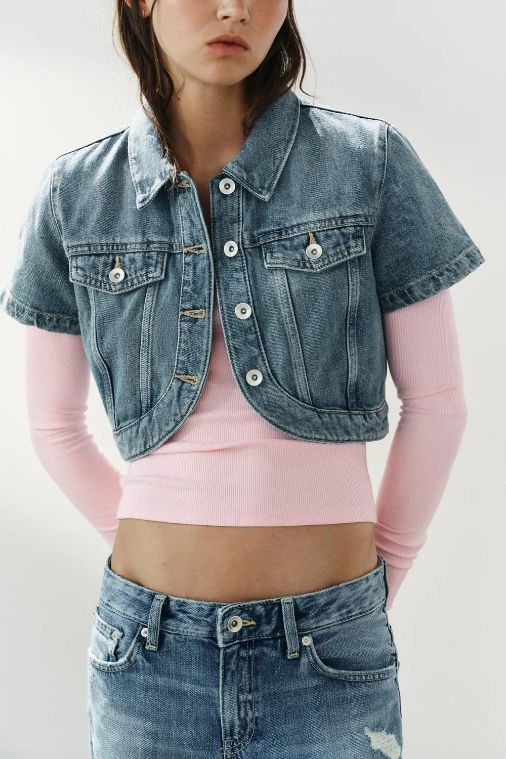 Асимметричная джинсовая укороченная рубашка TRF ZARA, Blue — фото 3