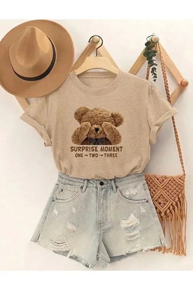 Детская хлопковое свободное футболка для девочек с принтом Utangaç Minik Bear Nigrum Pardus, Beige