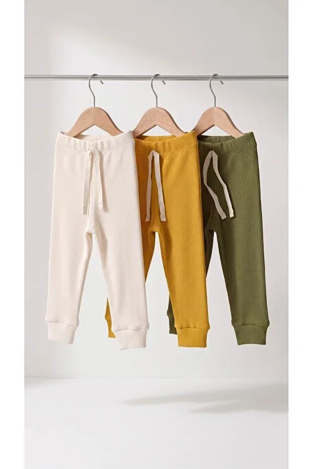 Детский комплект брюк из футера 3-Piece camisole ribbed pants leggings set Dolcetots, Cream-Green-Saffron — фото 3