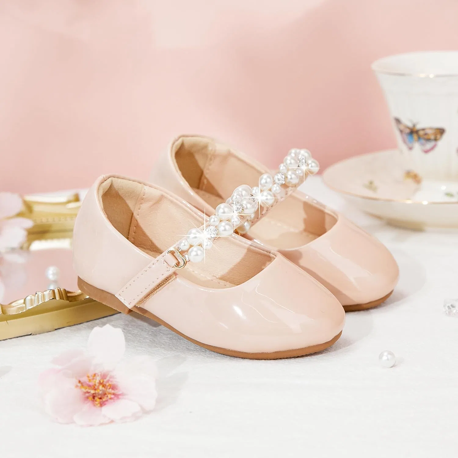 Детские туфли-балетки Мэри Джейн с цветком и жемчугом THEE BRON, Blush Nude — фото 4