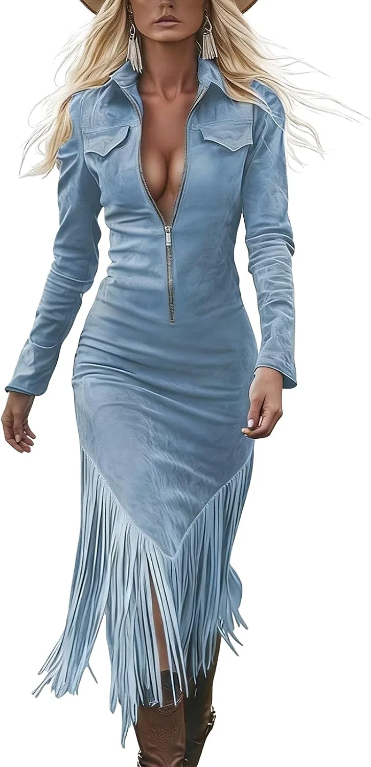Женское ковбойское платье с бахромой и лацканами, Light Blue
