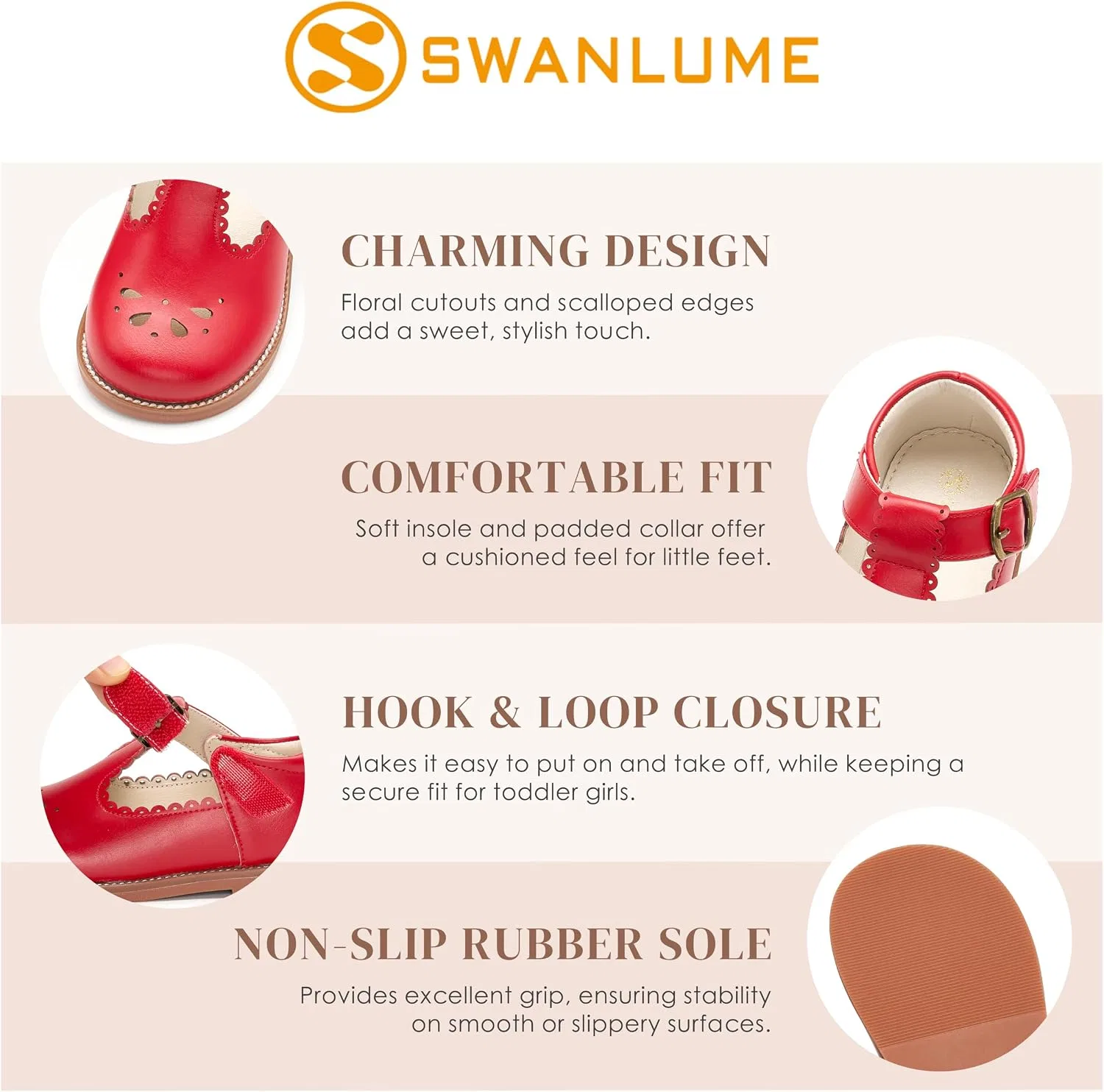 Детские туфли Мэри Джейн для девочек с принтом SWANLUME, Red — фото 3